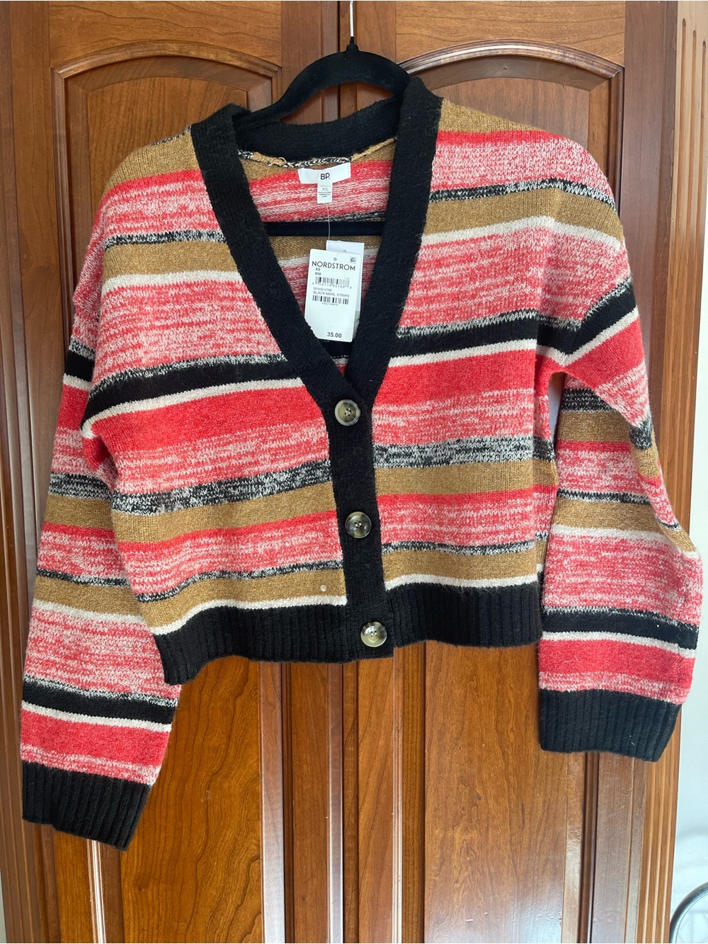bp Cropped Striped Button V-Neck Cardigan in Red, Tan & Black